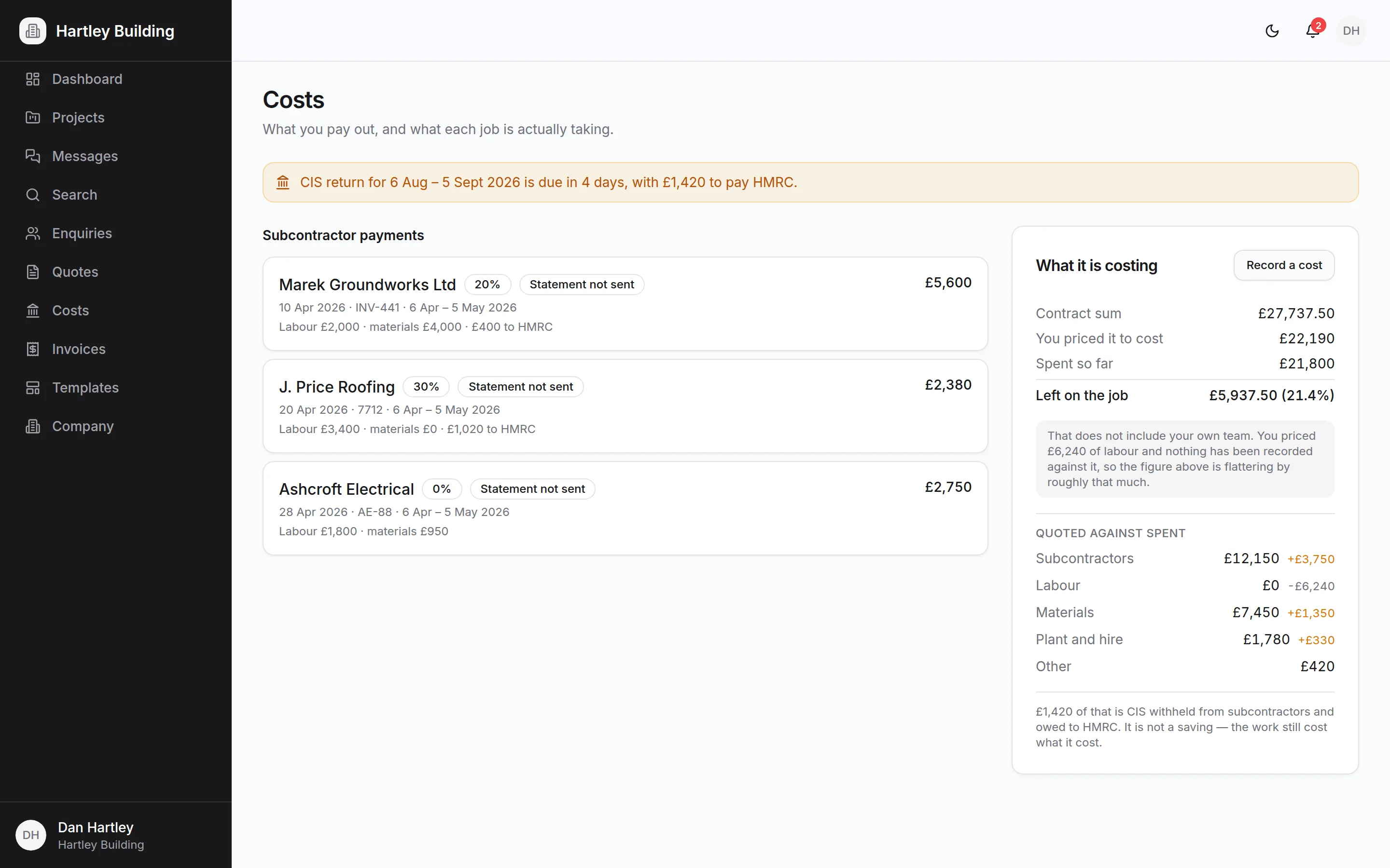 The costs screen: subcontractor payments, the CIS deadline and the job’s position against the quote